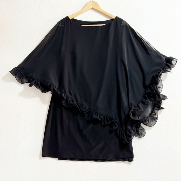 XSCAPE Black Ruffle edge sheer cape mini dress . - Picture 6 of 13